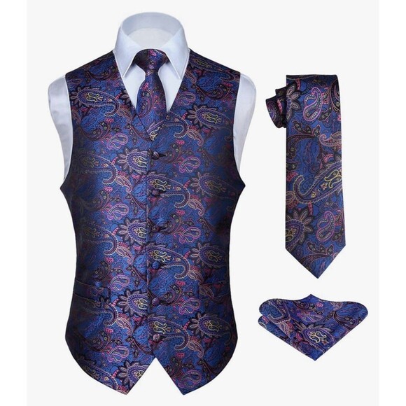 Hisdern Men's 3 Piece Set Brocade Silk Polyester Vest Tie Pocket Square Size XL - Picture 1 of 11
